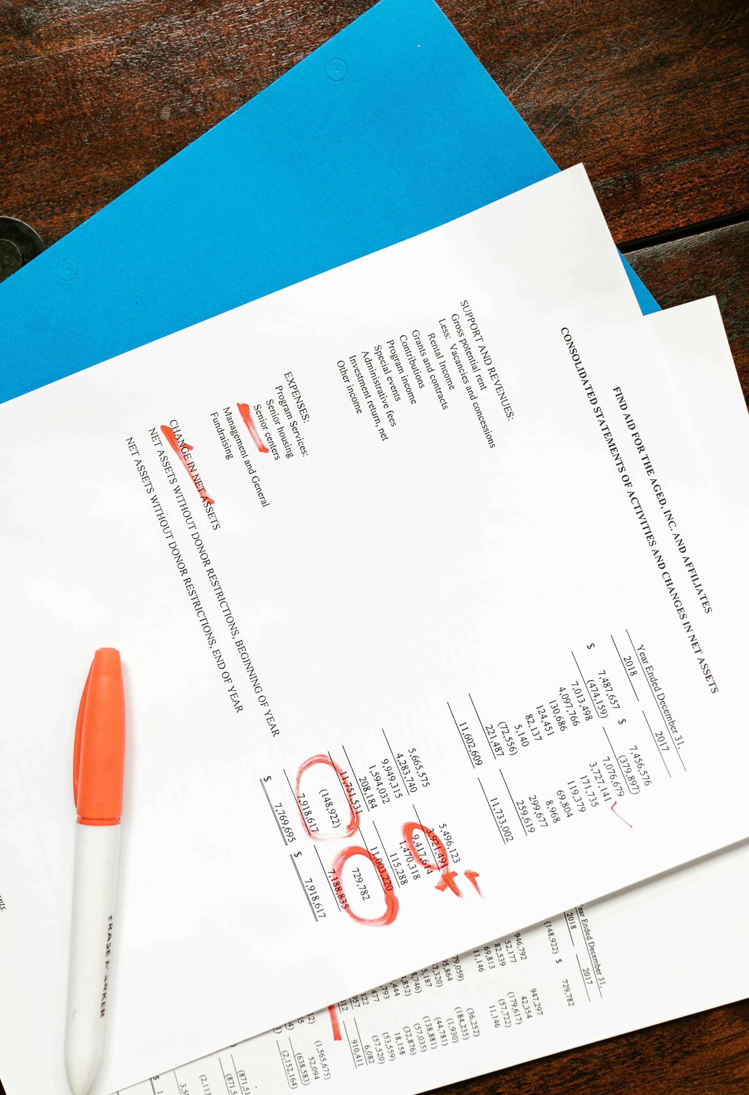 Financial documents laid out on a desk